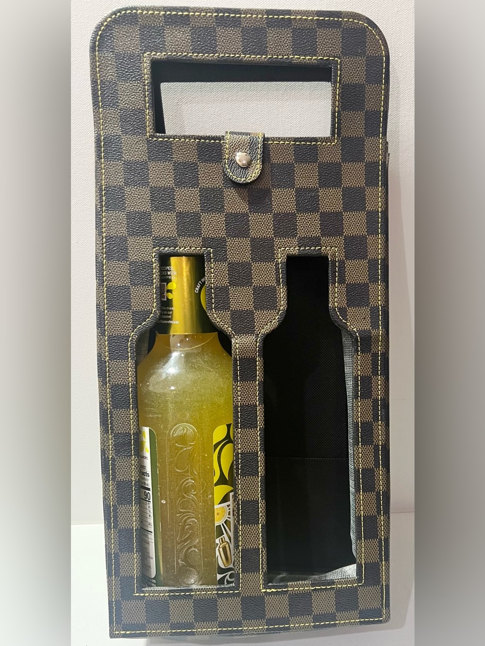 Checkerboard Two-Bottle Wine Carrier in Brown